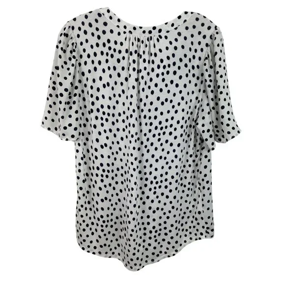 Polka Dot Blouse By Loft Size M Short Sleeve Smocked White/Black - Picture 2 of 8